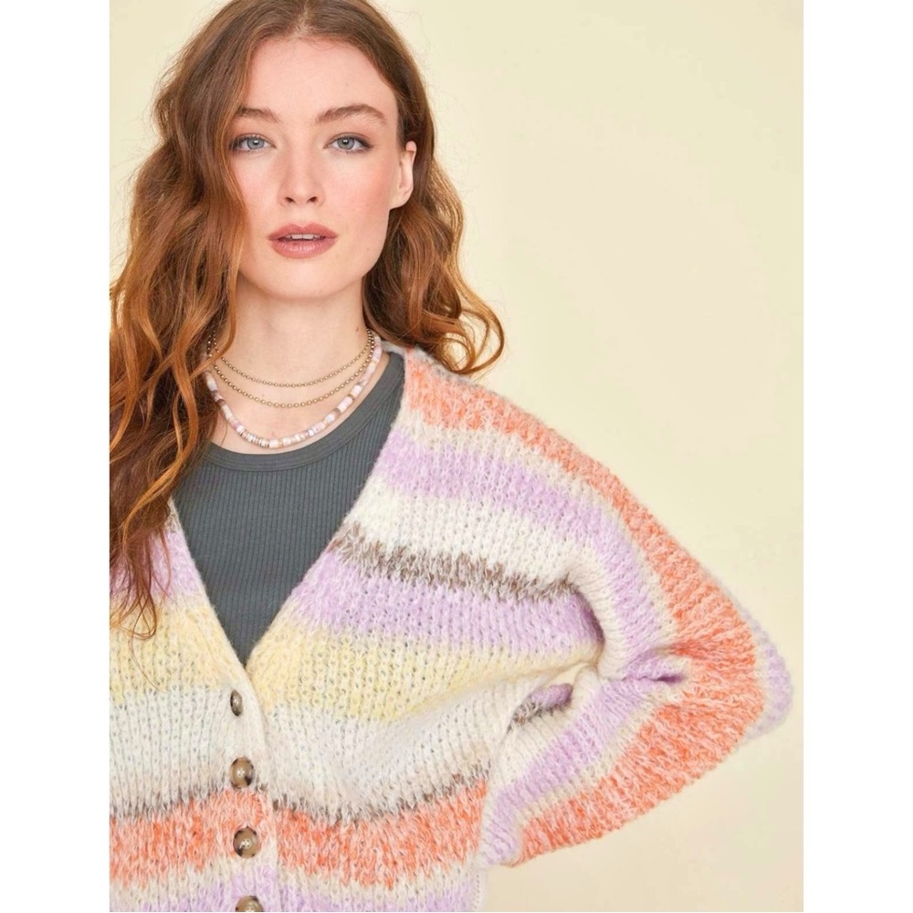[sold] XiRENA Laramie Sweater Cream Yellow Striped Loose Knit Light Cardigan - Picture 4 of 9